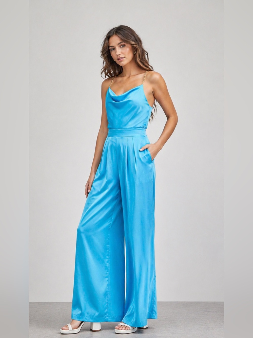 DO+BE Turquoise Satin Cowl-Neck Wide-Leg Jumpsuit